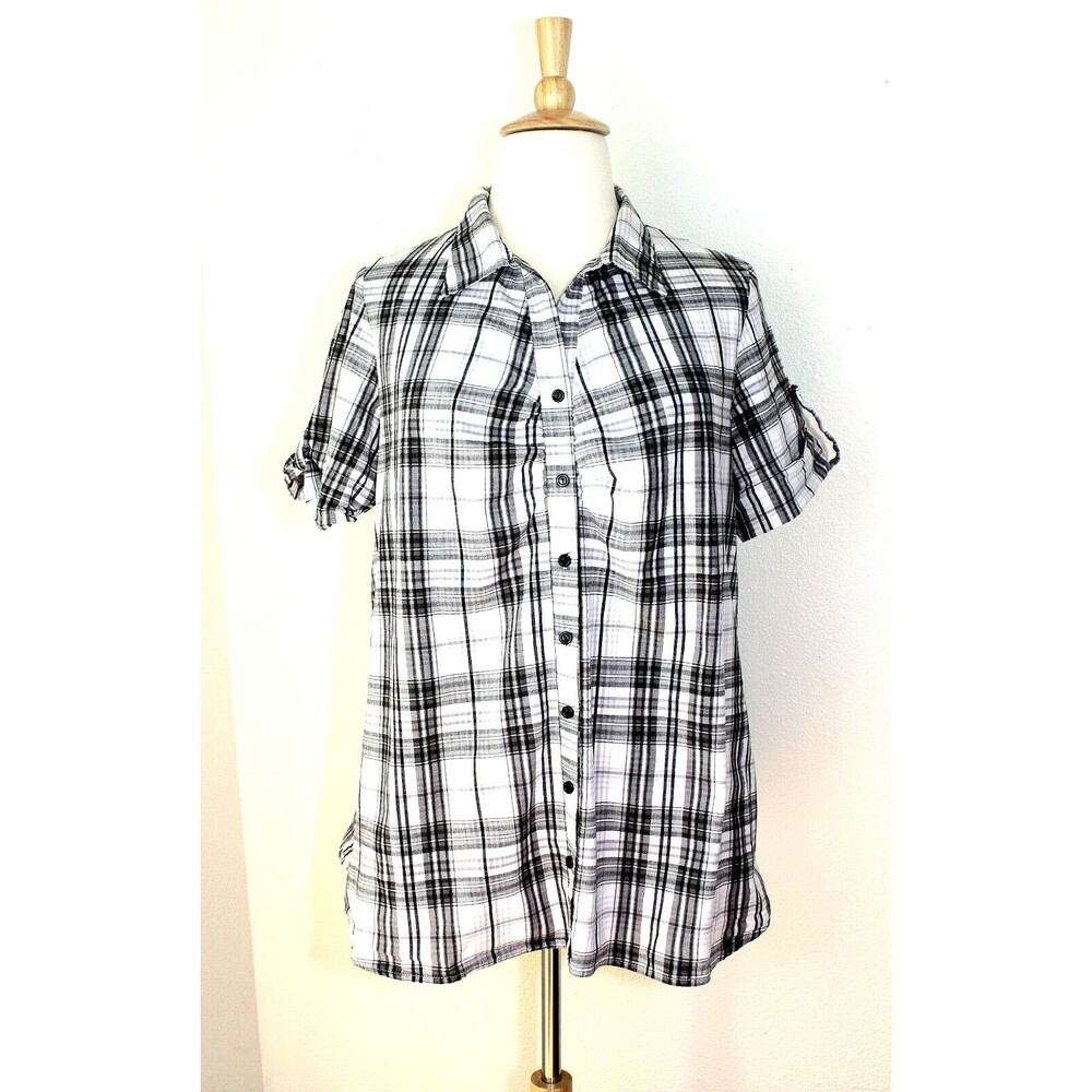 Preppy LANE BRYANT Top Blouse Plus Sz. 22-24W White Black Gray Silver Plaid #03